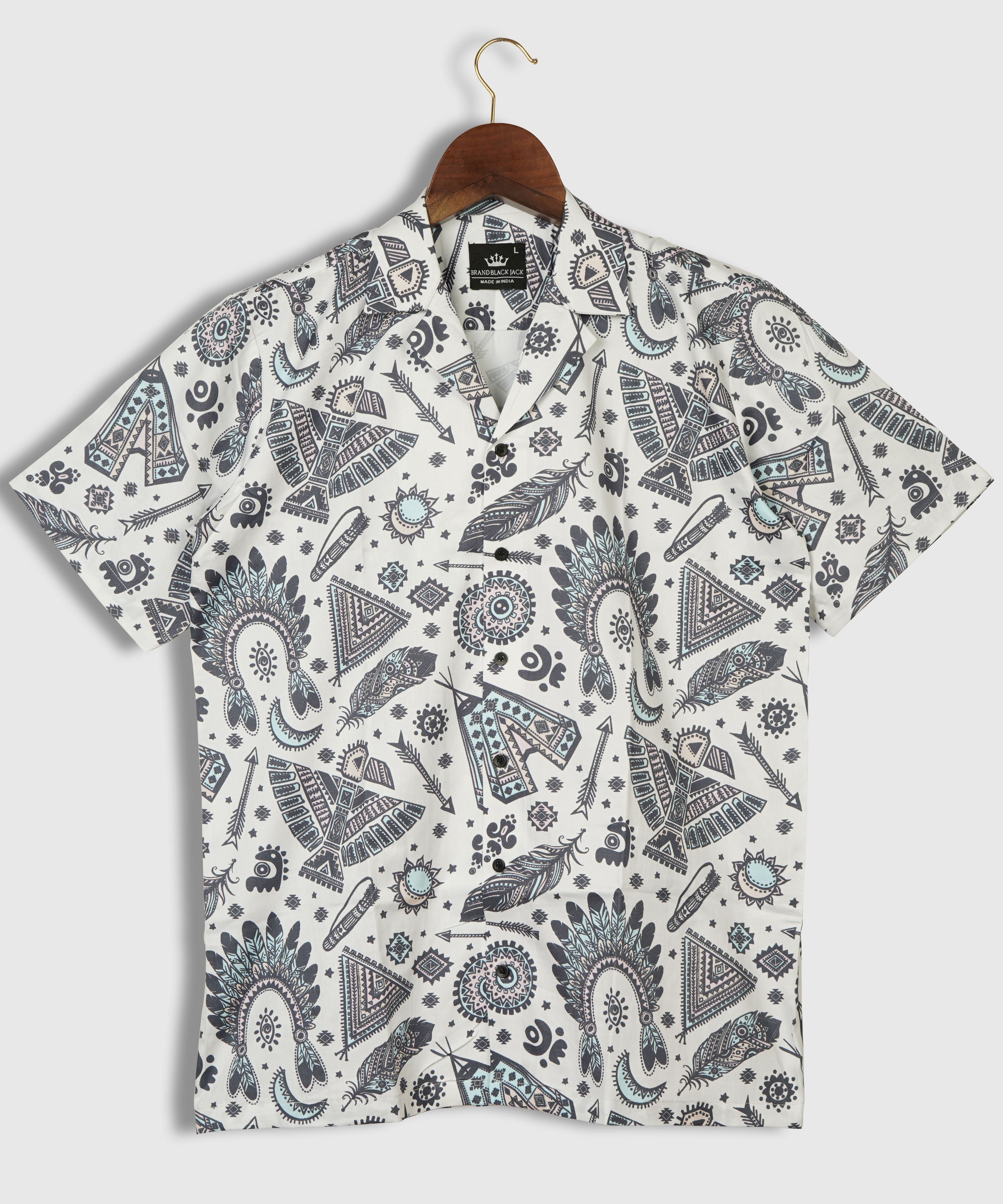 Native American Indian Symbols Printed Pure Cotton Mens Shirt by Brand Black Jack