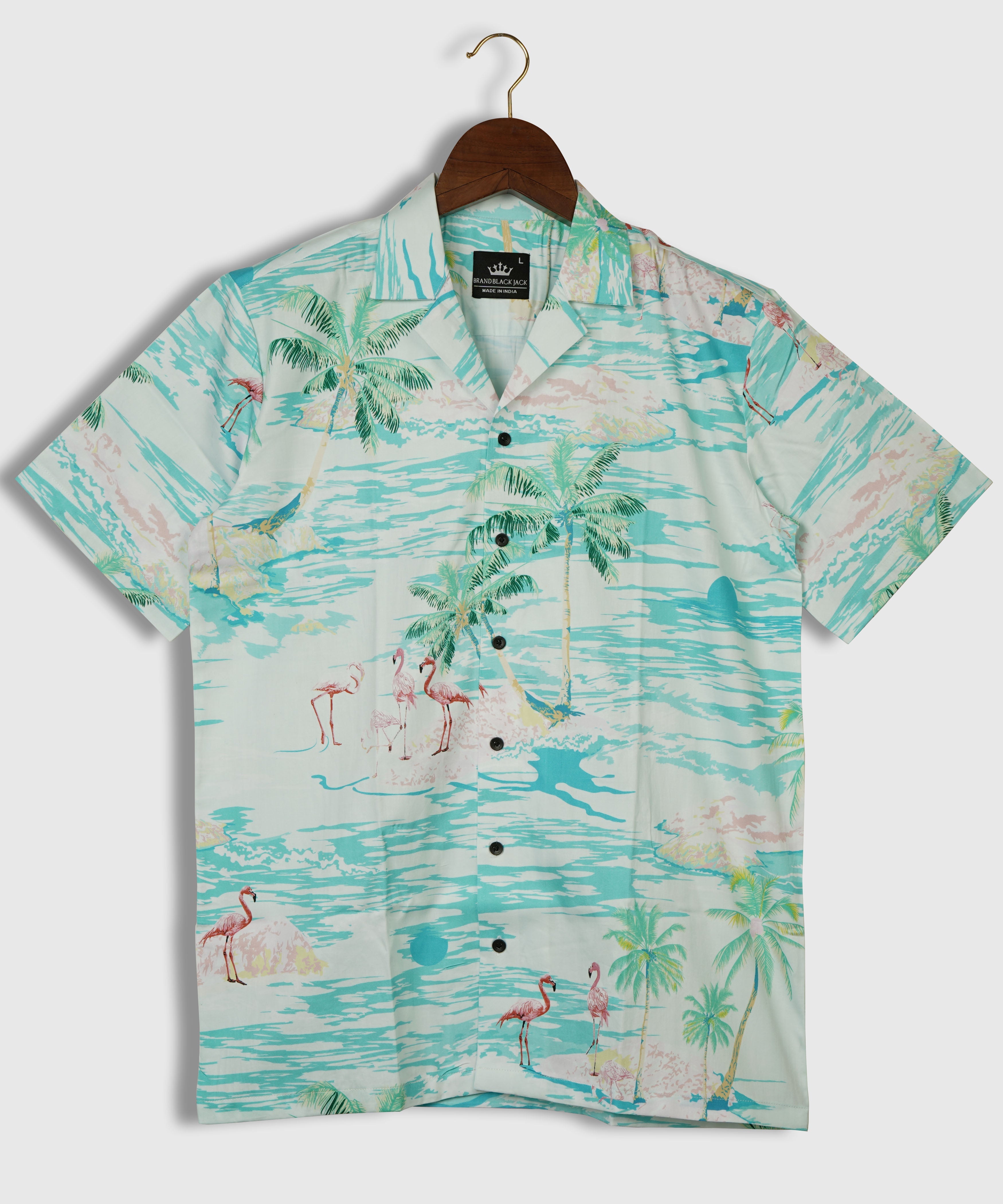 Flamingo Island Print On Green Pastel Color With Plam, Sunset Cuban Pure Cotton Mens Printed Shirt