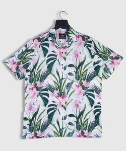 Pure Linen Pink Oleander Rhododendron Flowers and Plam Leaves in Summer Cuban Style Mens Shirt by Brand Black Jack