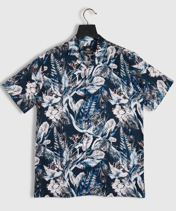 Pure Cotton Leaf and Floral Navy Blue Color Printed Shirt By Brand Black Jack