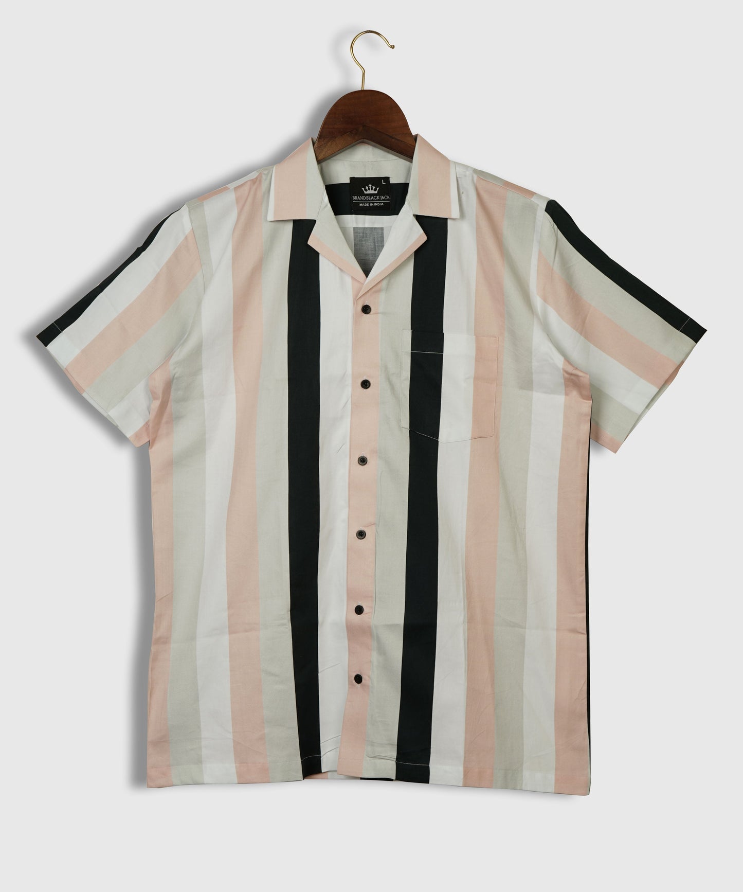 Revere Collar Striped Pure Cotton Shirt In Peach by Brand Black Jack