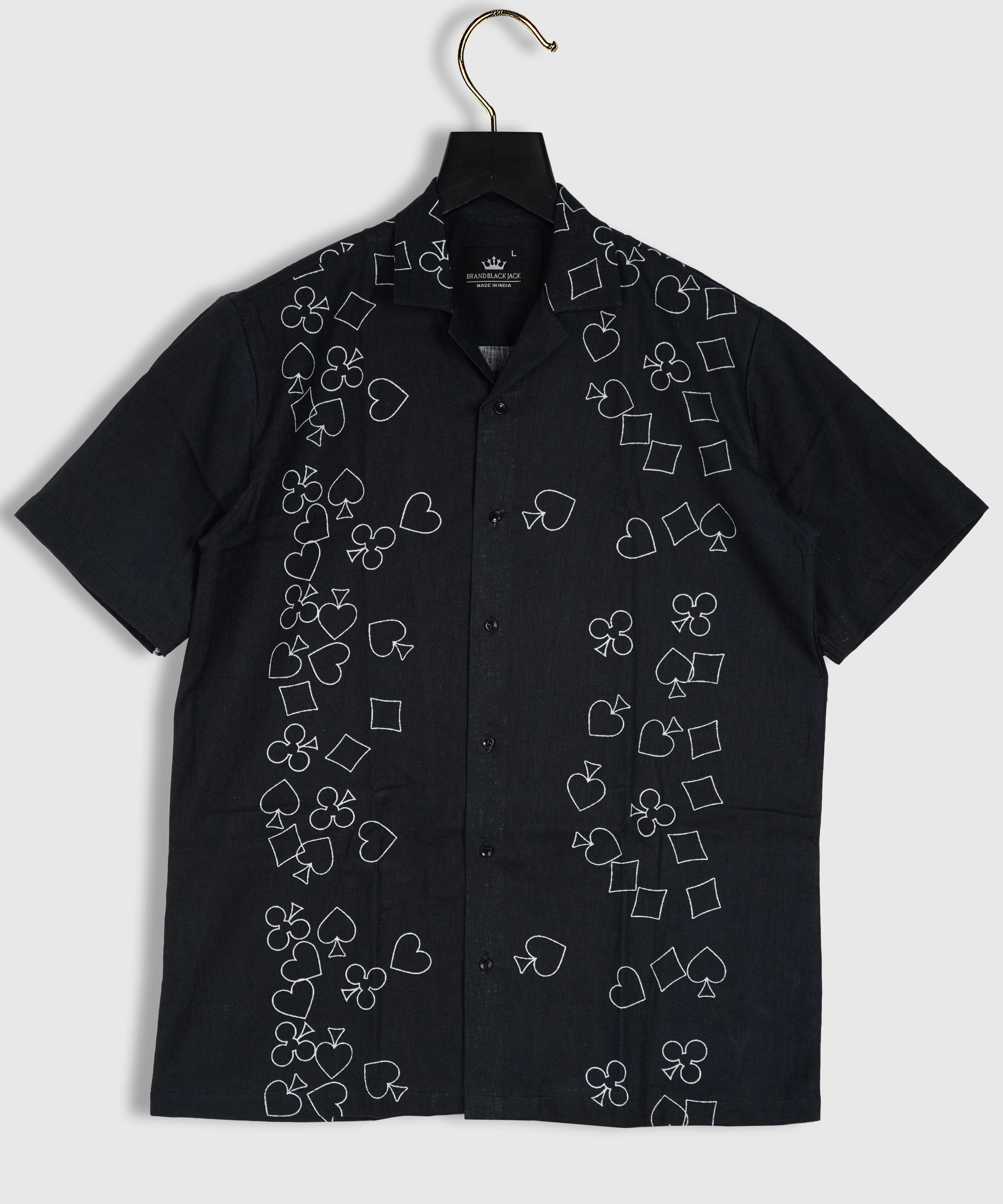 Pure Linen Black Pocker Pattern Printed Shirt For Men By Brand Black Jack