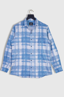 Pure Linen French Farmhouse Woven Blue Plaid Check Pattern Mens Shirt by Brand Black Jack