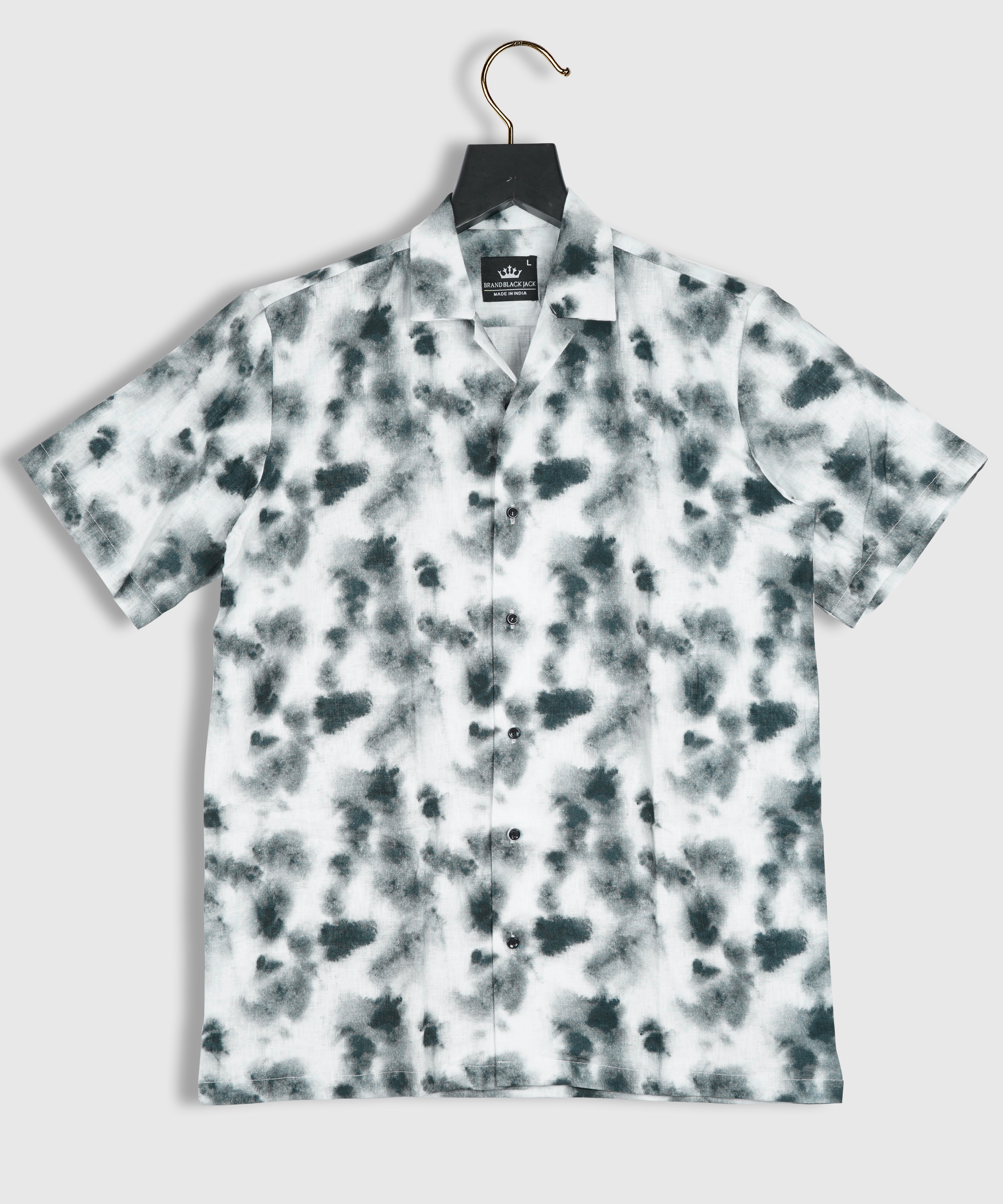 Pure Linen Colorfull Tie Die Black Smoke Print Men Half Sleeve Shirt By Brand Black Jack