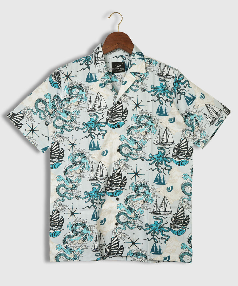 Pattern of Asian Dragon, Octopus and Sea Voyages Mens Printed Premium Cotton Shirt by Black Jack