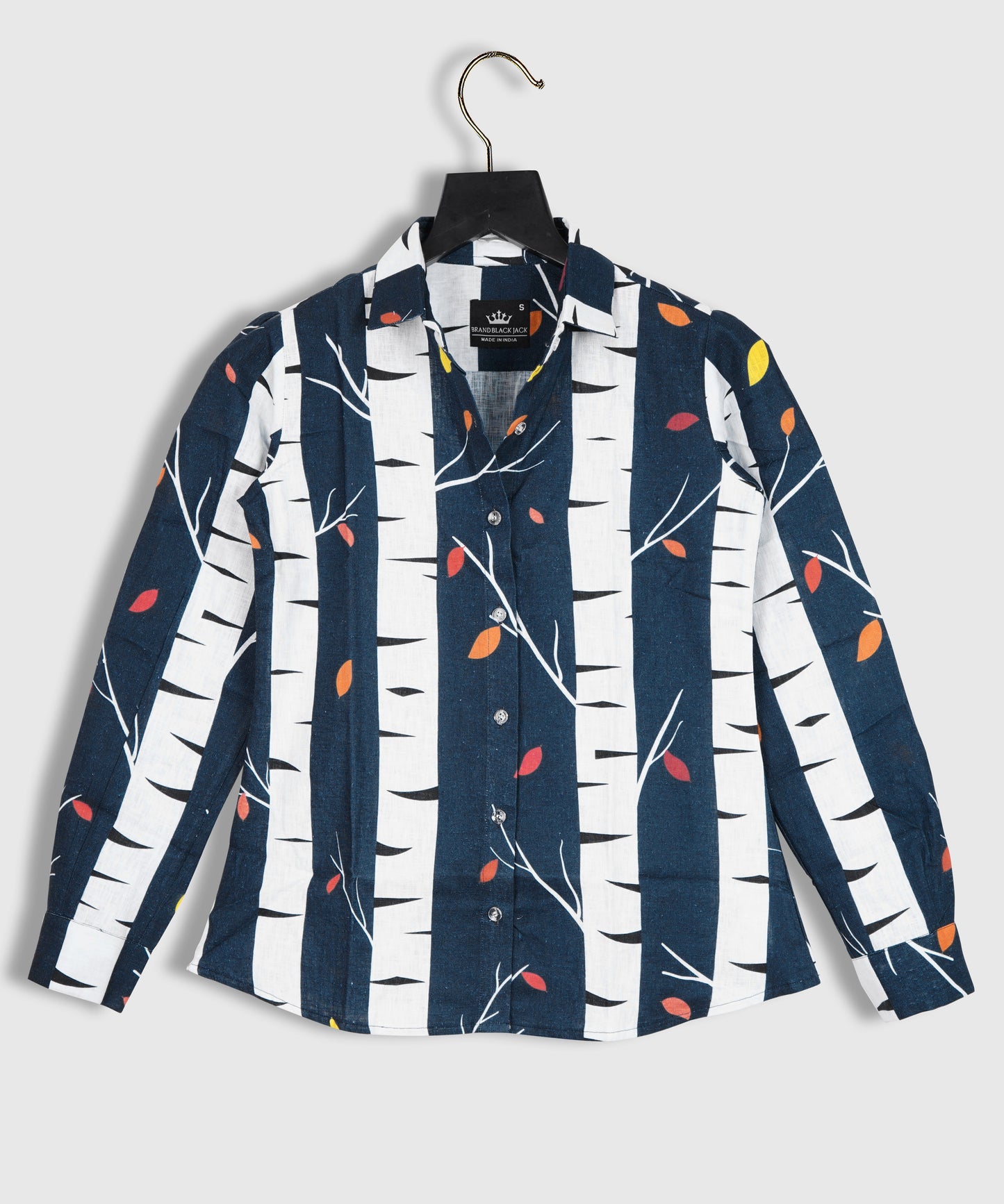 Linen Tree on Leaf Blue Color Full Sleeve Printed Shirt By Brand Black Jack