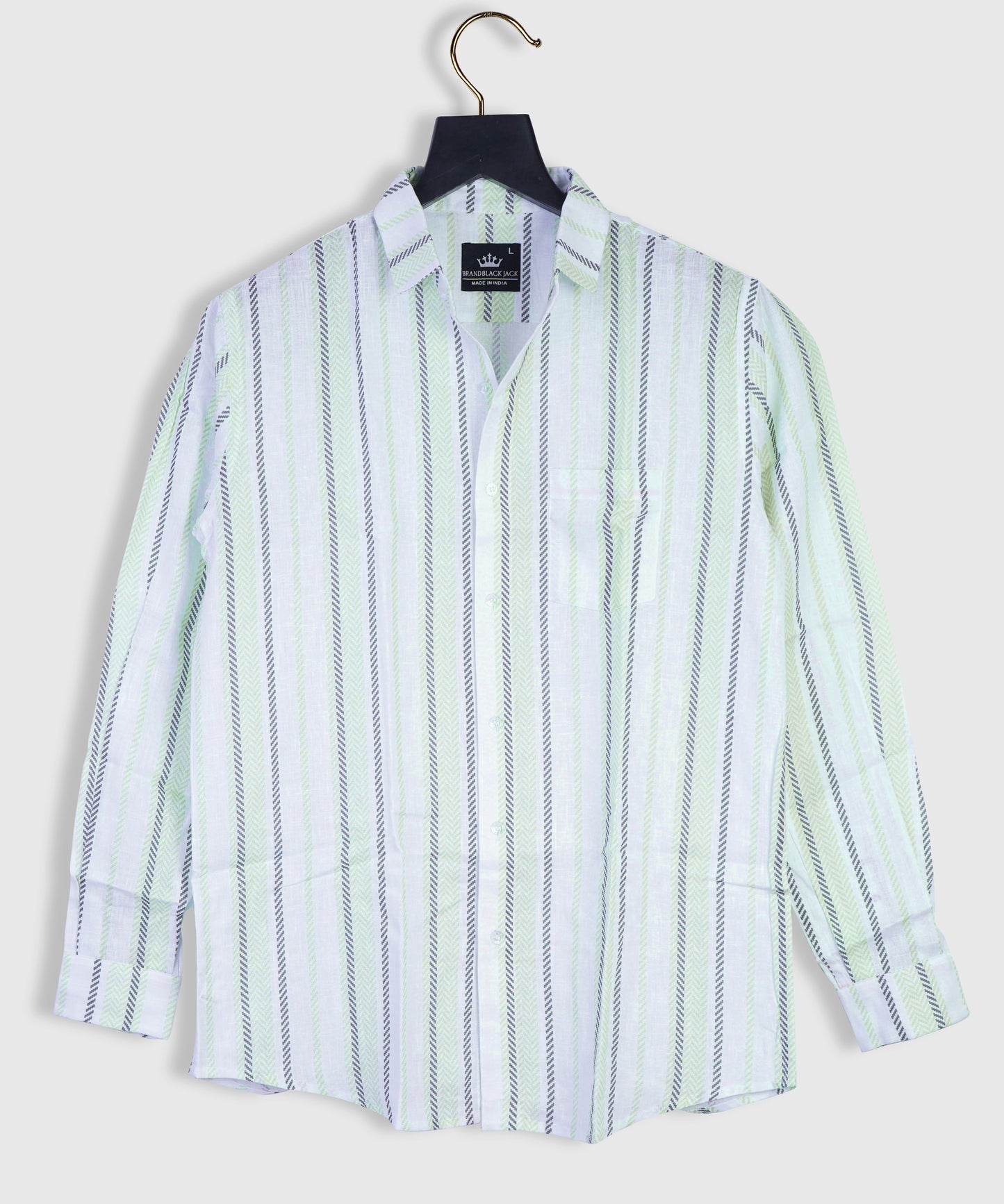 Pure Linen Light Green And Gray Beautiful Combination Striped Shirt For Men By Brand Black Jack