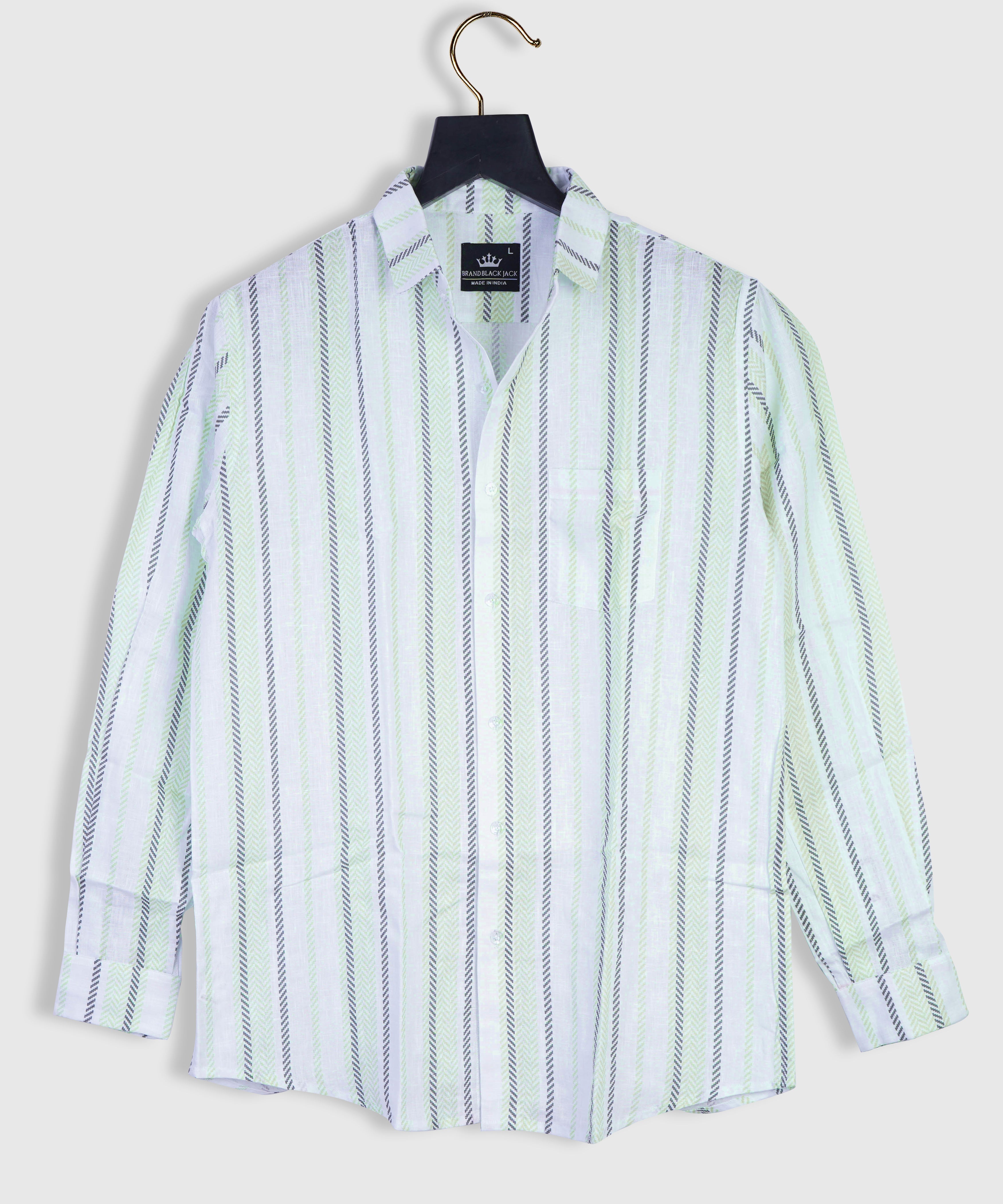 Pure Linen Light Green And Gray Beautiful Combination Striped Shirt For Men By Brand Black Jack