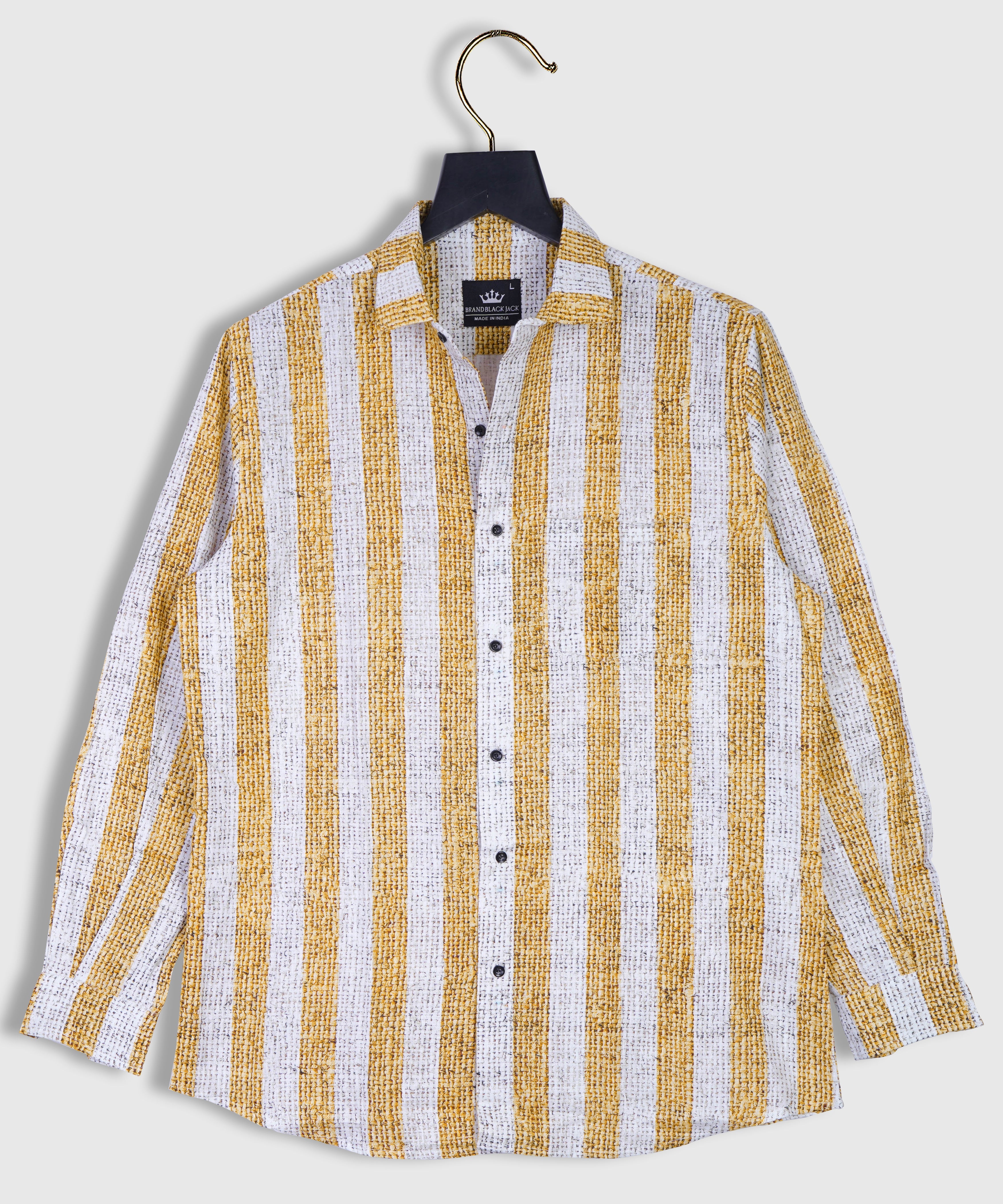 Pure Linen Yellow Striped Full Sleeve Shirt For Man By Brand Black Jack