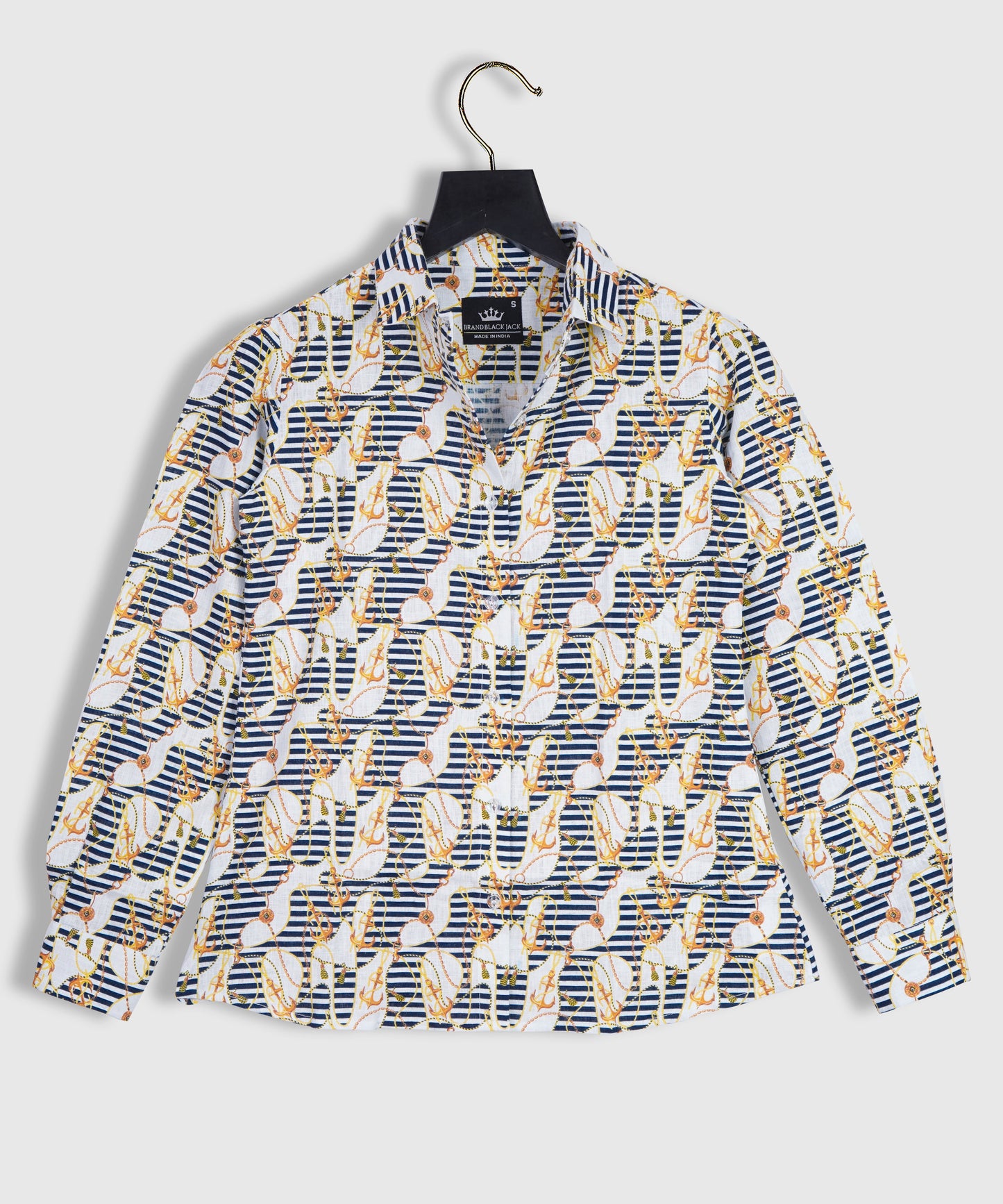 Linen Golden Chain Blue Strip Loop Printed Shirt By Brand Black jack