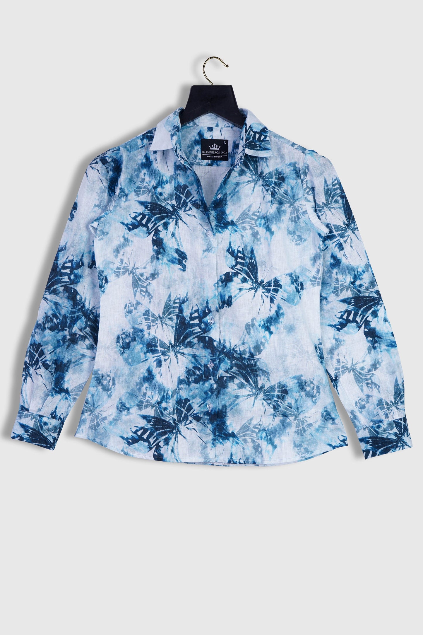 Linen Splash Blue Butterfly Full Sleeve Printed Shirt By Brand Black Jack