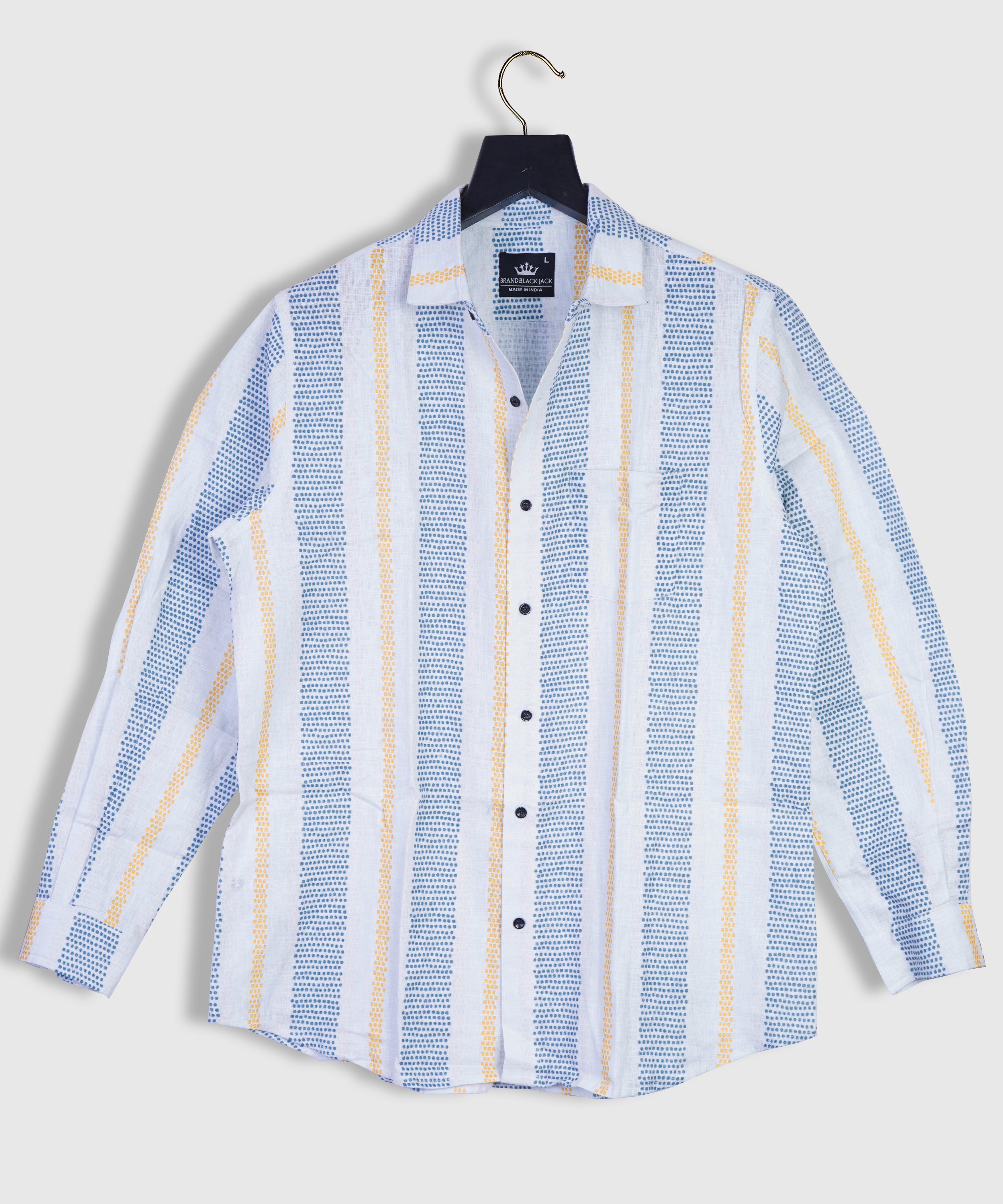 Provence Blue White Linen Woven Shabby Chic Style Weave Stitch Stripes Full Sleeve Mens Shirt by Brand Black Jack