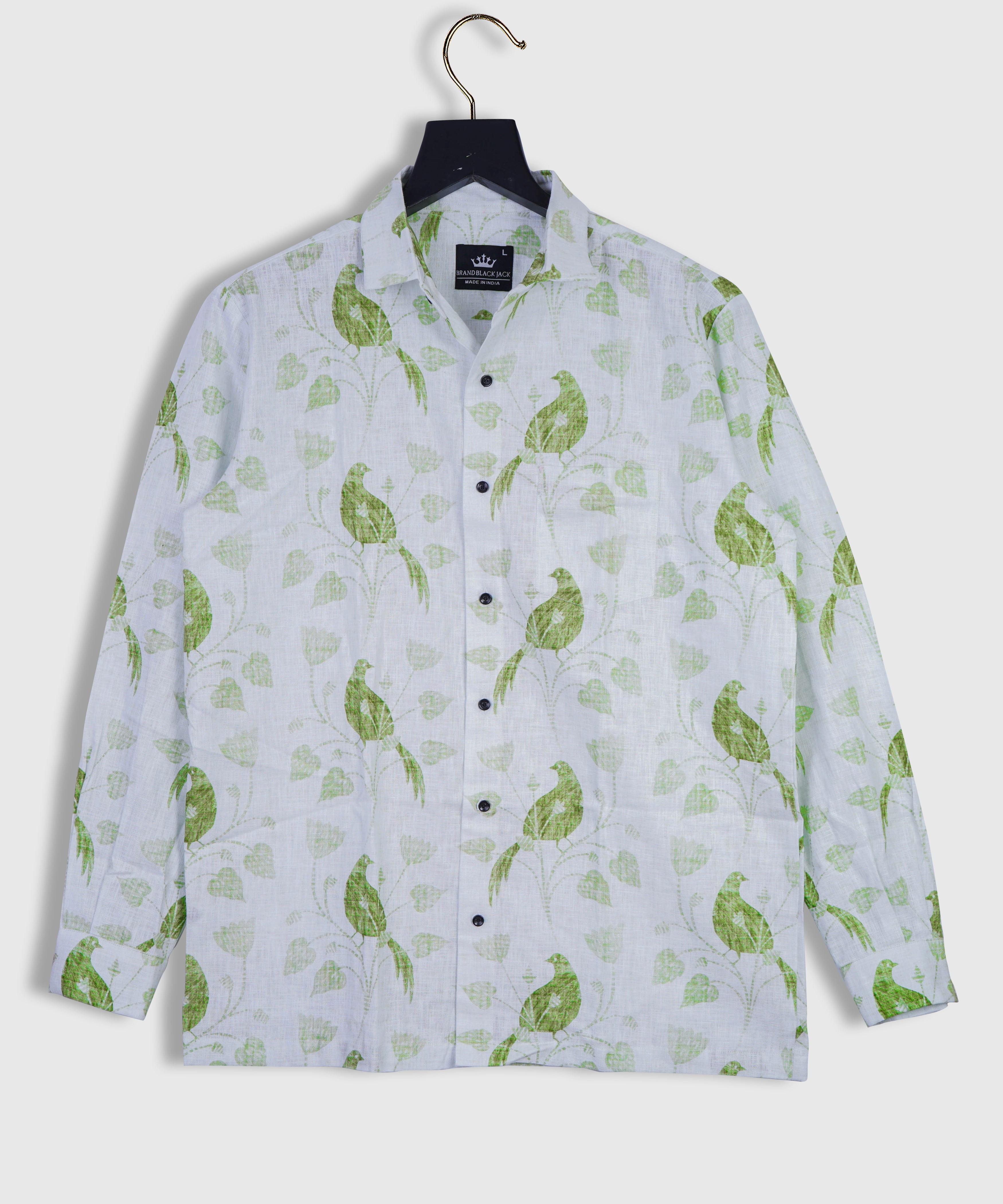 Pure Linen Light Green Leaf Bird Printed Shirt For Men Full Sleeve Shirt By Brand Black Jack