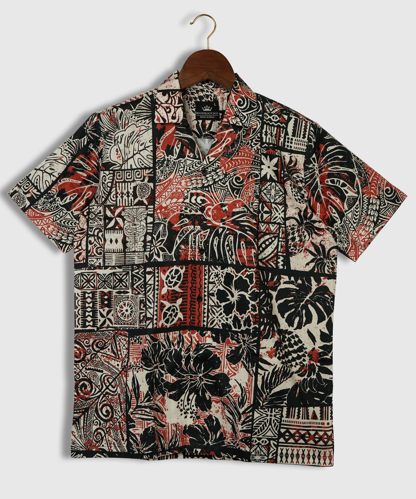 Hawaiian Hibiscus and Tribal Patchwork Abstract Vintage Printed Pure Cotton Mens Shirt by Black Jack