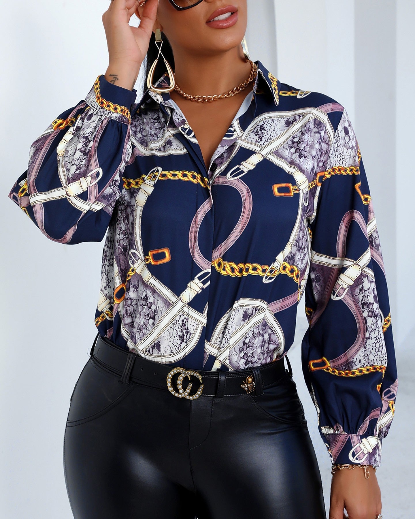 Scarf Print Buttoned Lantern Sleeve Shirt