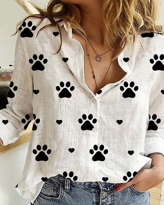 Paw Print Long Sleeve Casual Shirt