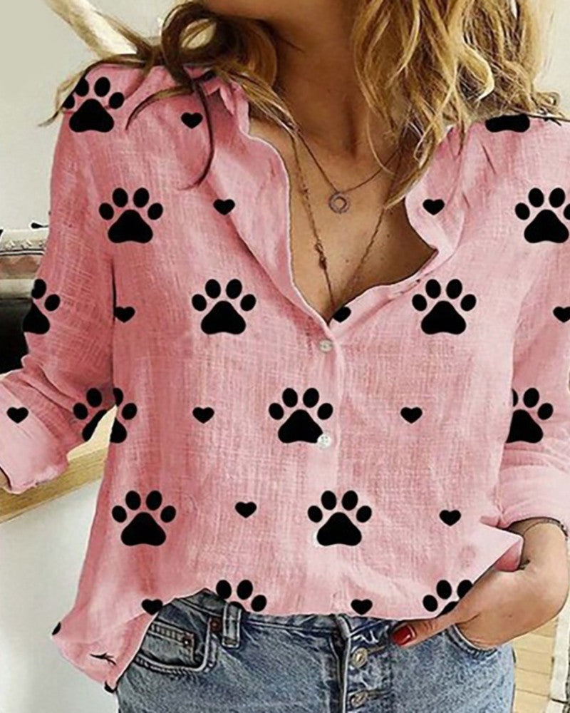 Paw Print Long Sleeve Casual Shirt