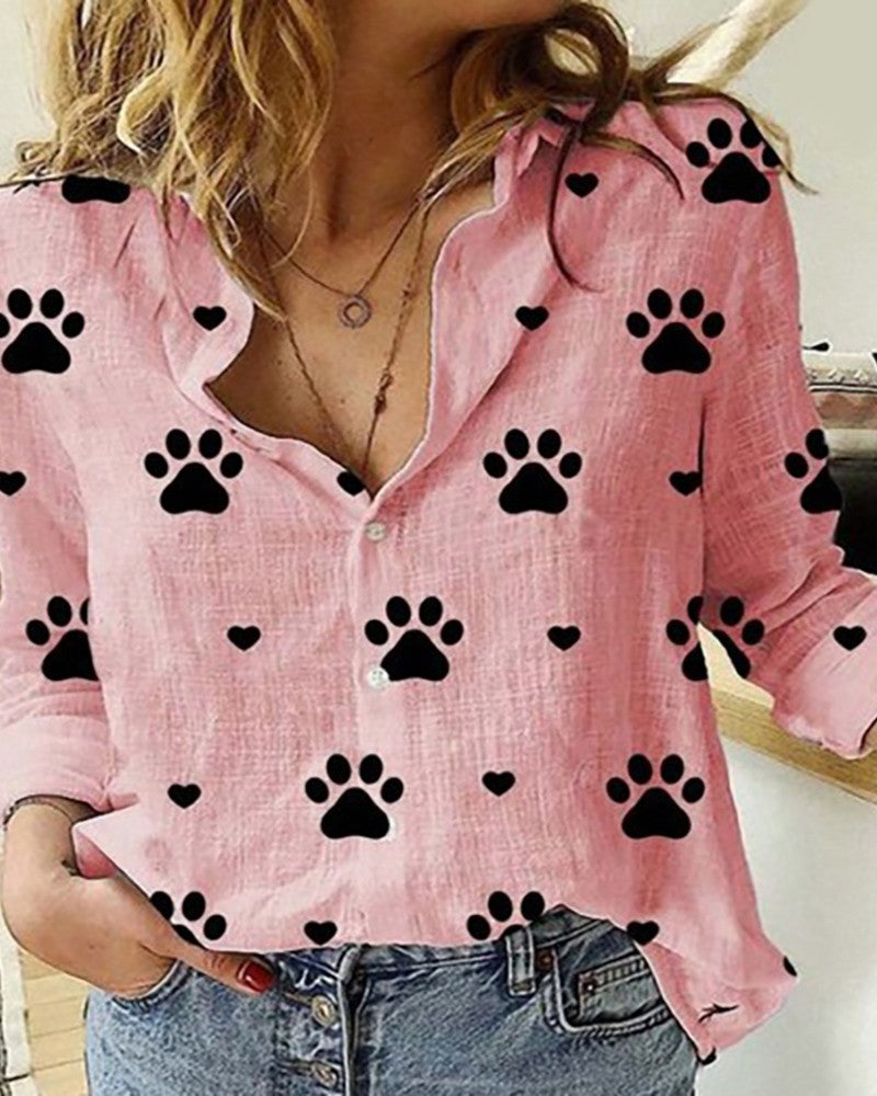 Pure Linen Pink Paw Print Long Sleeve Women Shirt Top by Brand Black Jack