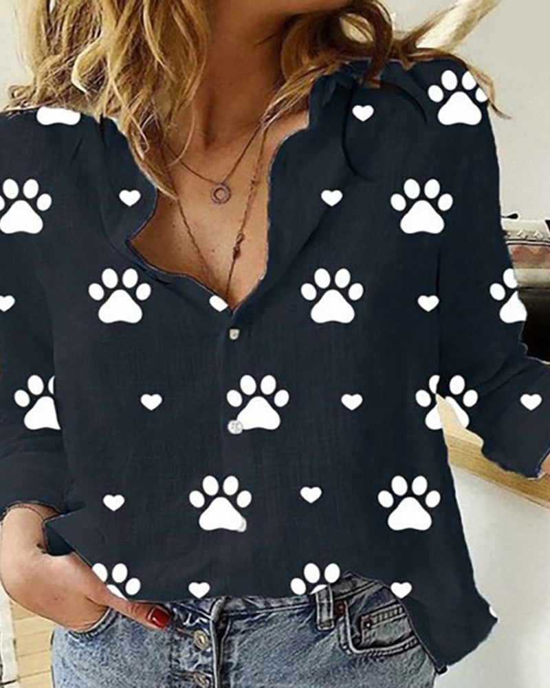 Paw Print Long Sleeve Casual Shirt