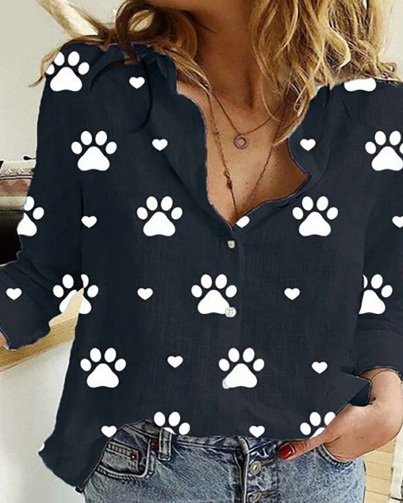 Paw Print Long Sleeve Casual Shirt