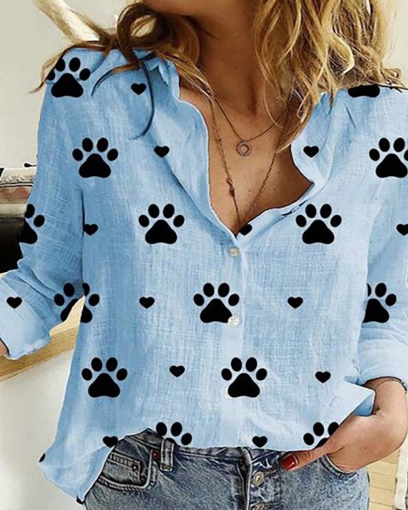 Paw Print Long Sleeve Casual Shirt