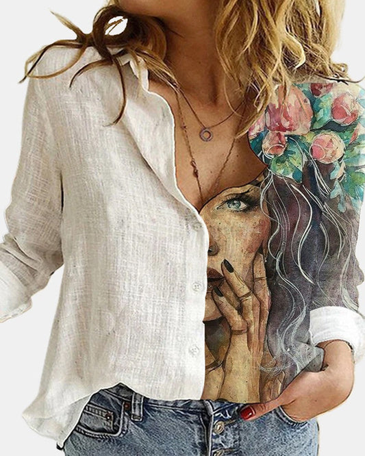 Figure Print Button Design Long Sleeve Casual Shirt