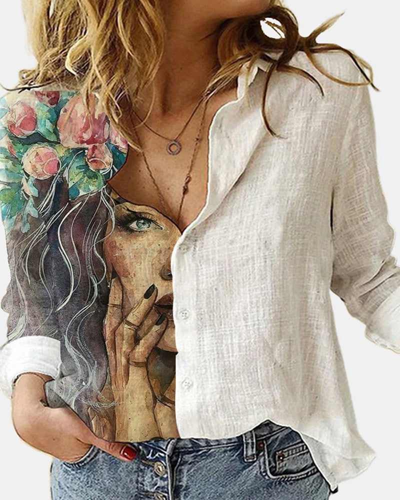 Figure Print Button Design Long Sleeve Casual Shirt