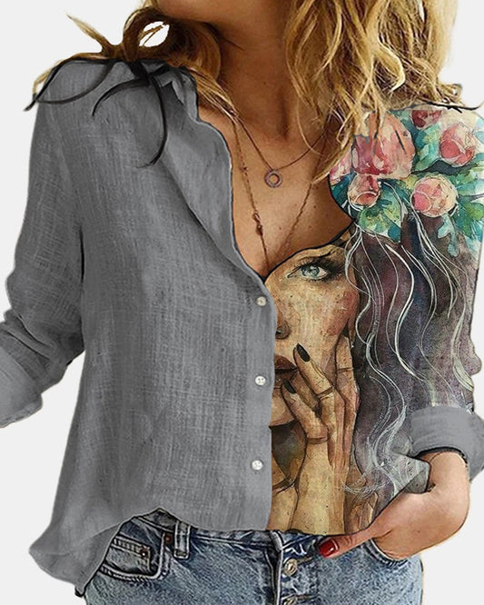 Figure Print Button Design Long Sleeve Casual Shirt