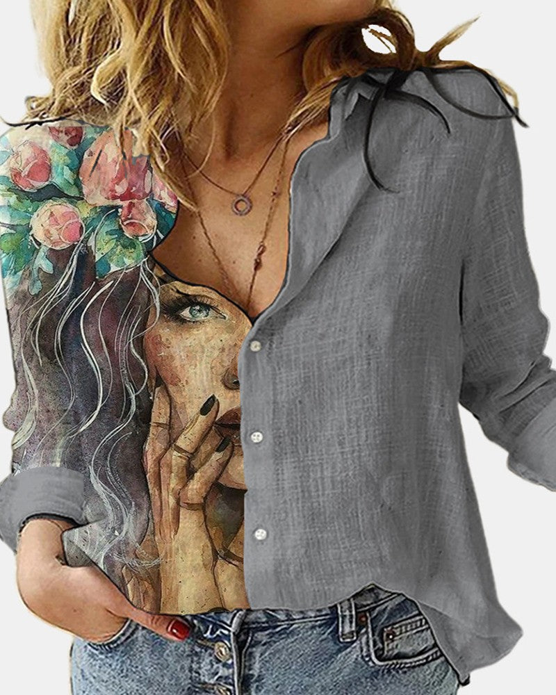 Figure Print Button Design Long Sleeve Casual Shirt