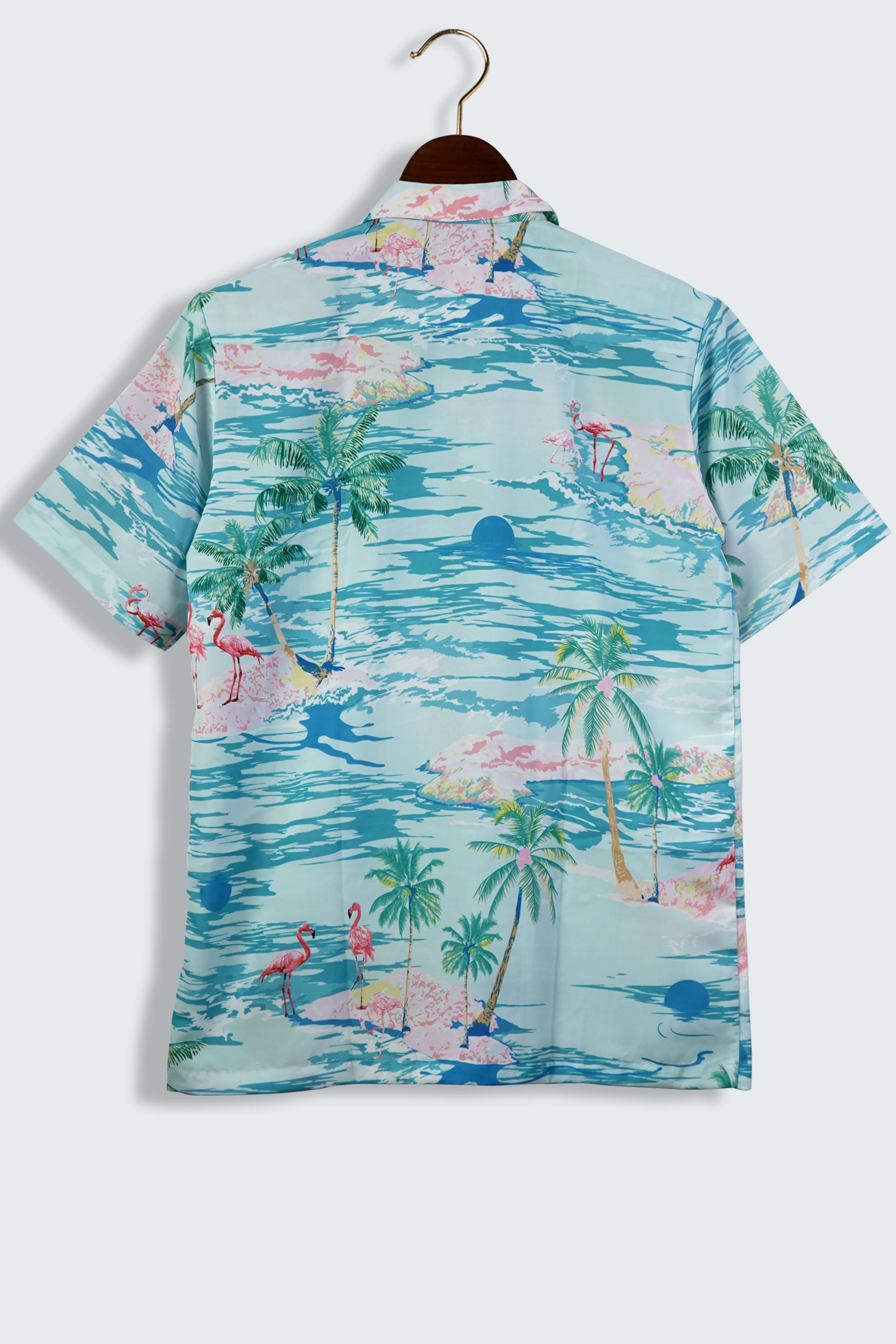 Flamingo Island Print On Green Pastel Color With Plam, Sunset Cuban Mens Printed Shirt