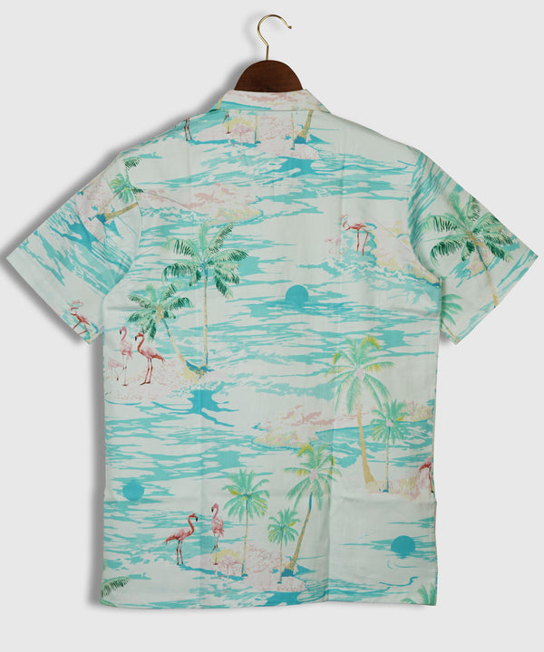 Flamingo Island Print On Green Pastel Color With Plam, Sunset Cuban Pure Cotton Mens Printed Shirt