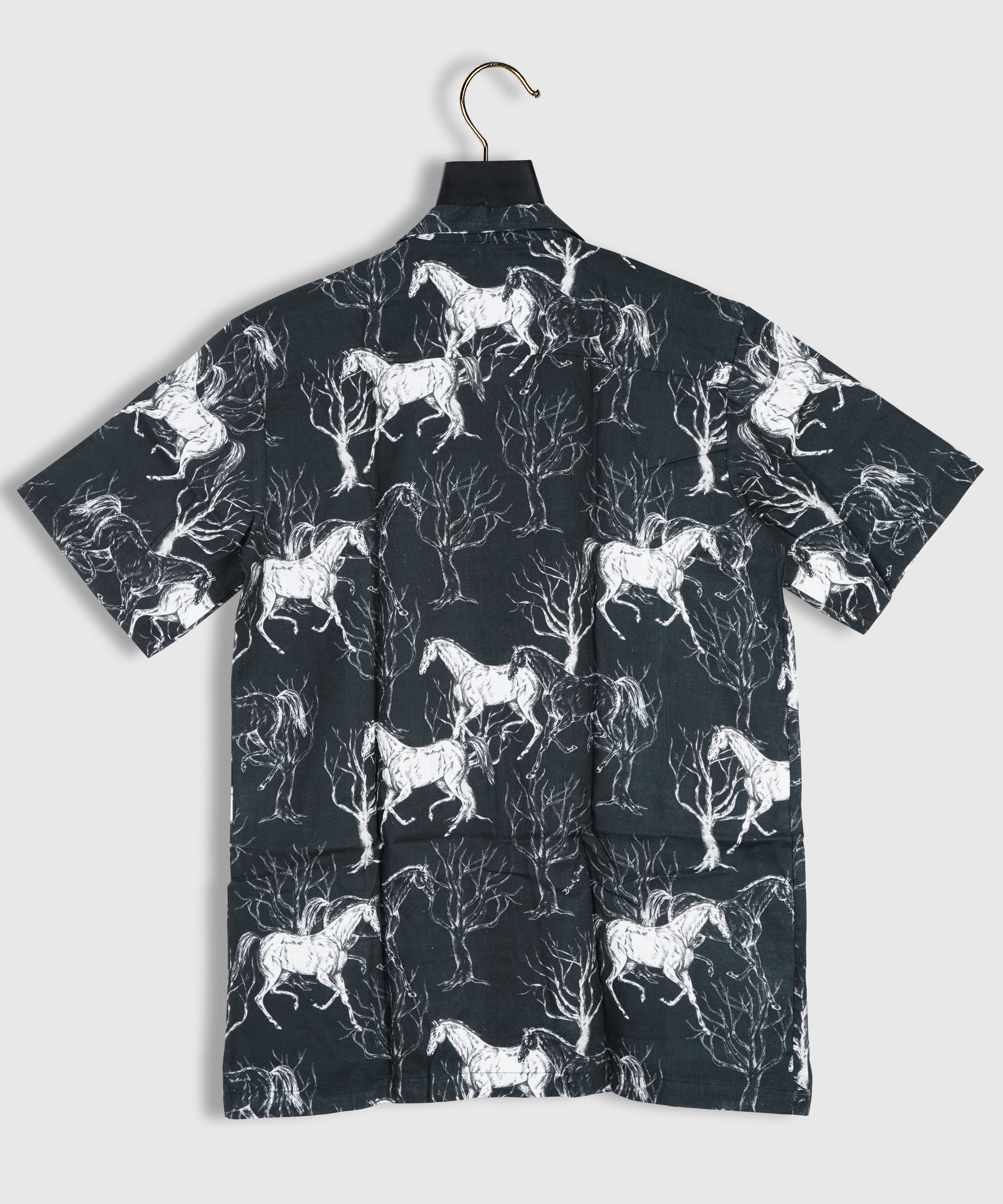 Pure Linen Black Running Horse Printed Shirt For Man By Brand Black Jack