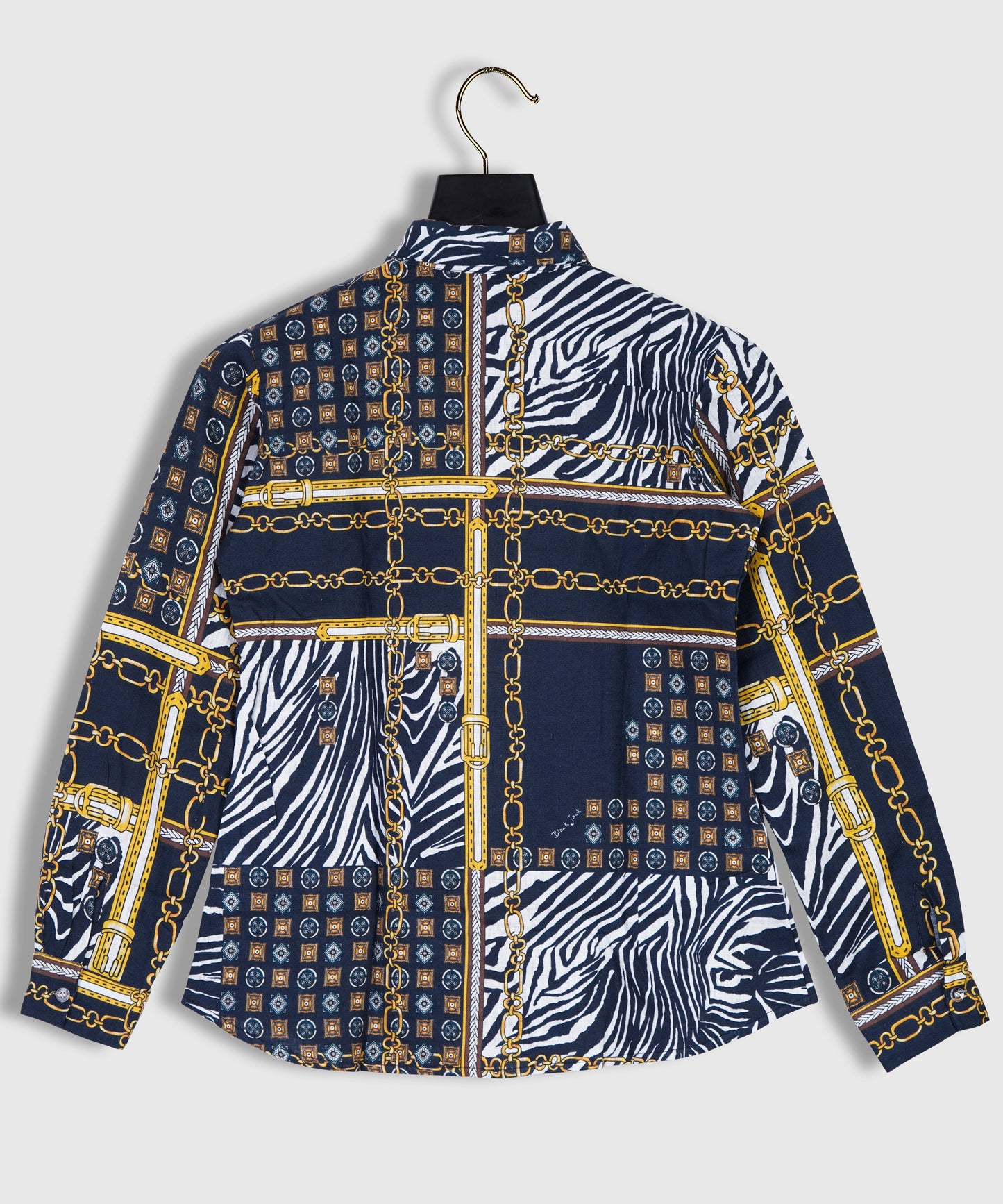 Golden Chain, Animal Print,Abstract Mix Printed Blue Color Linen Shirt By Brand Black Jack