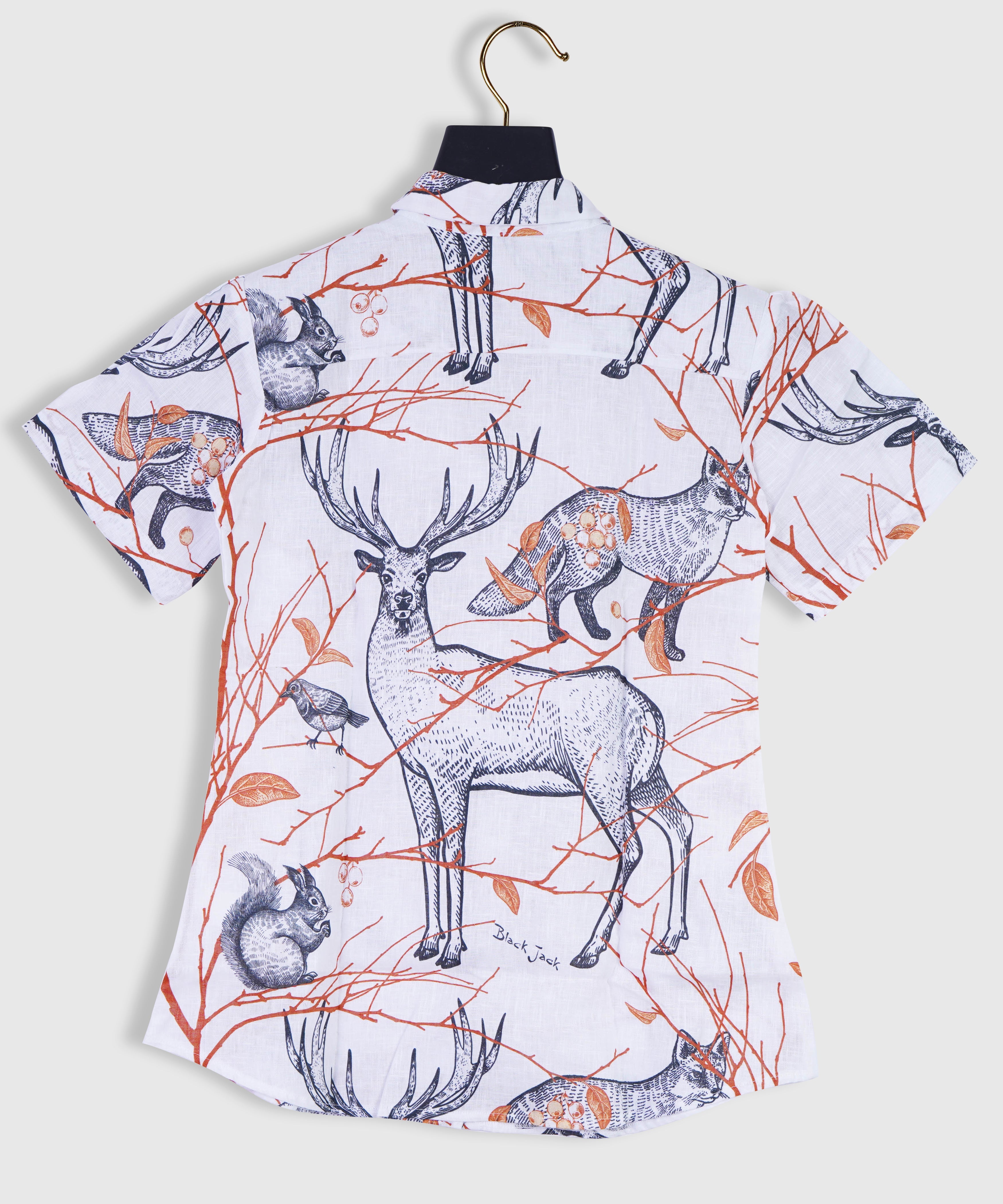 Seamless Pattern with Tree Branches, Forest Animals and Birds Deer, Fox, Hare, Squirrel, Natural Design for Fabrics, Gold black, white, Vintage Printed Shirt By Brand Black Jack