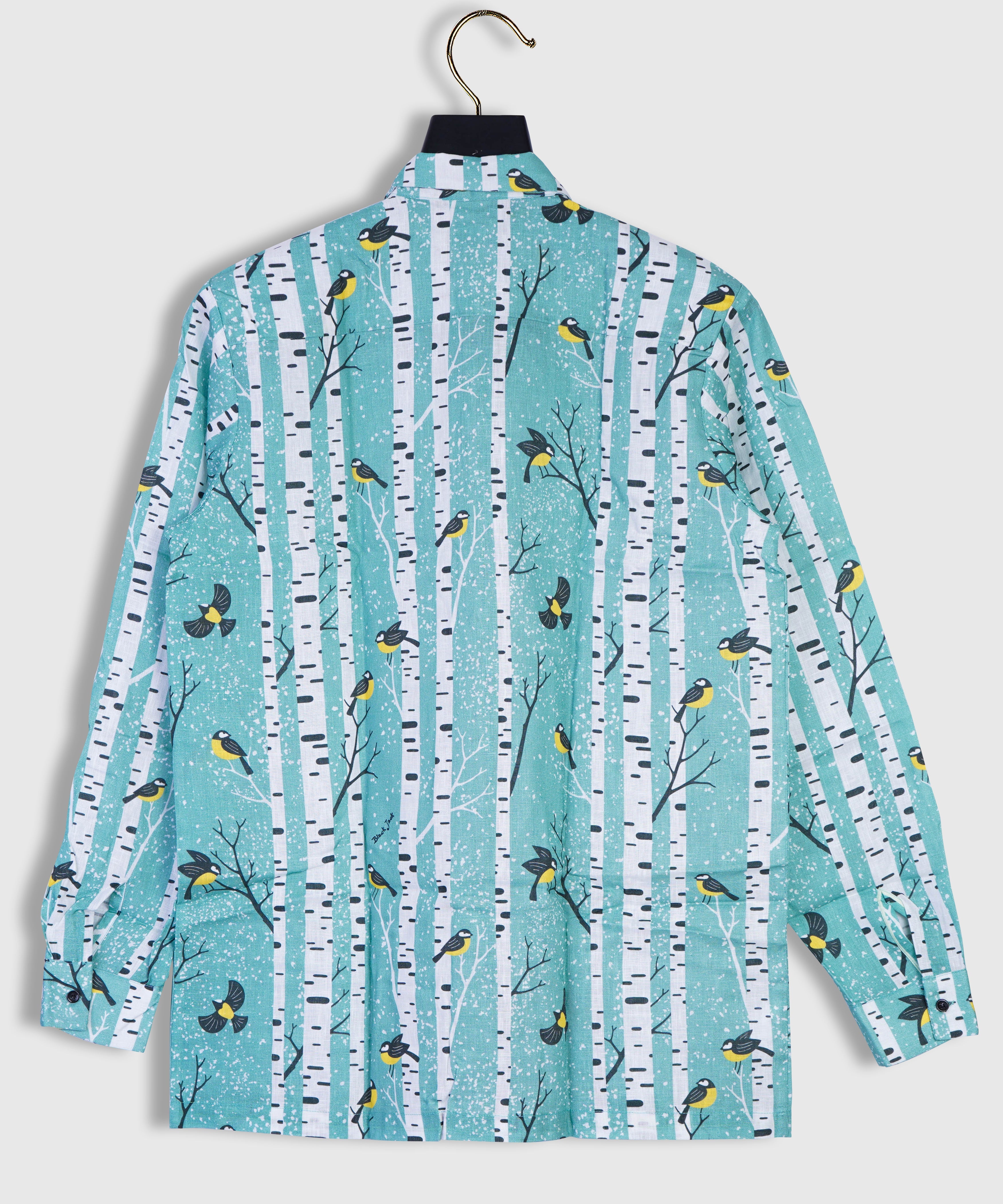 Pure Linen Snowy Birch Trees and Birds Print Full Sleeve Mens Shirt by Brand Black Jack