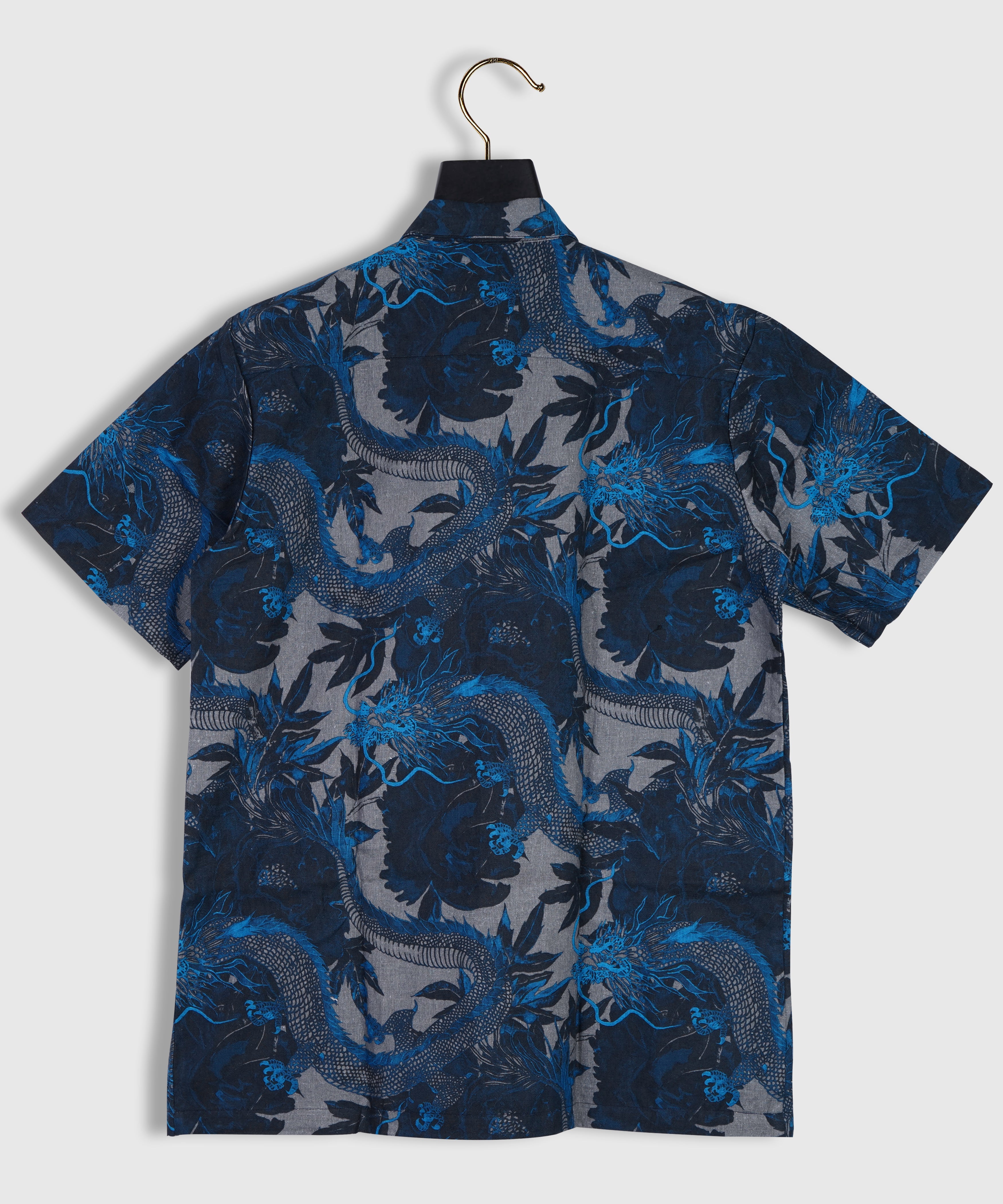 Pure Linen Wild Dragon Navy Blue Half Sleeve Printed Shirt For Men By Brand Black Jack