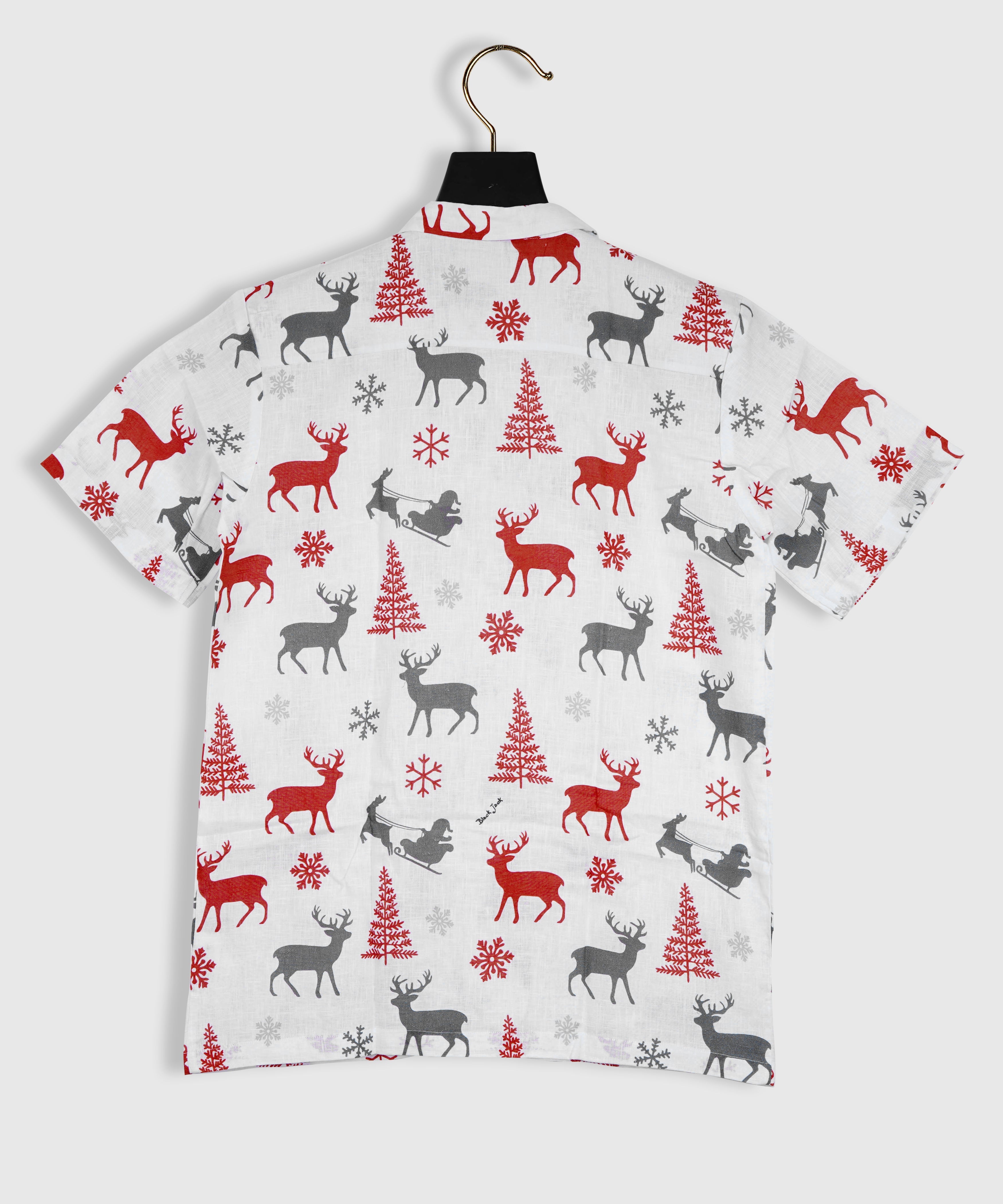 Pure Linen Merry Christmas Shirt, Christmas Tree and Deer Printed Mens Shirt by Brand Black Jack