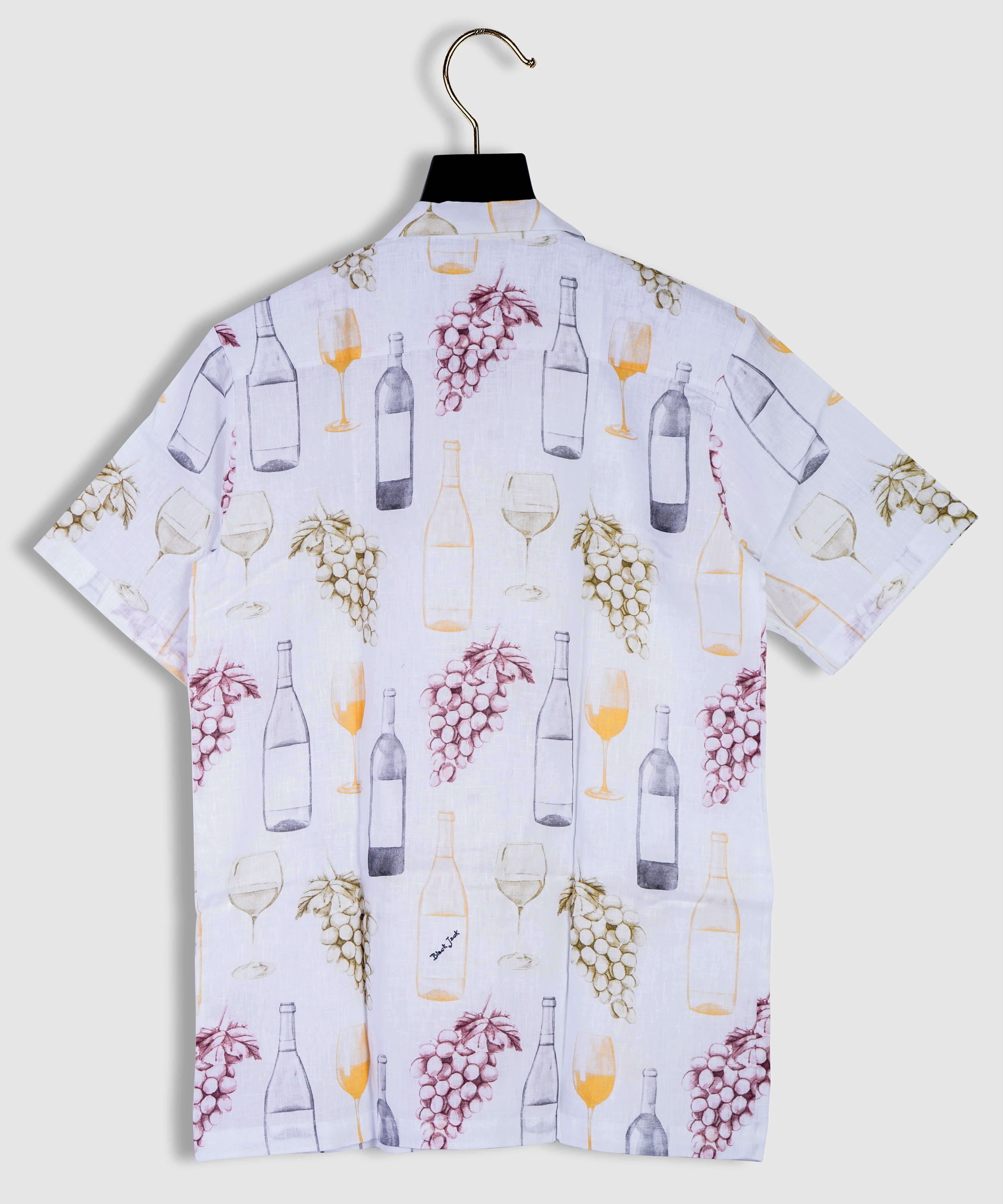 Pure Linen Wine Bottle Cocktail Party Print Cuban Style Mens Shirt by Brand Black Jack