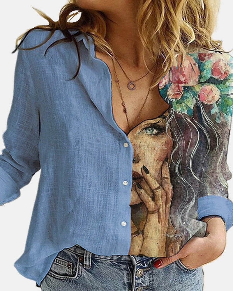 Figure Print Button Design Long Sleeve Casual Shirt