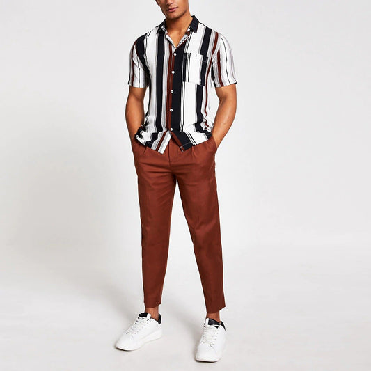 Brown Stripe Short Sleeve Slim Fit Shirt