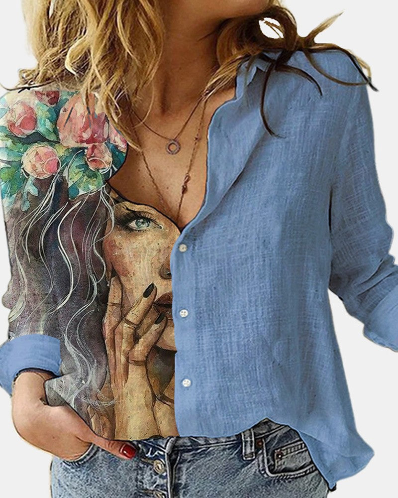 Figure Print Button Design Long Sleeve Casual Shirt