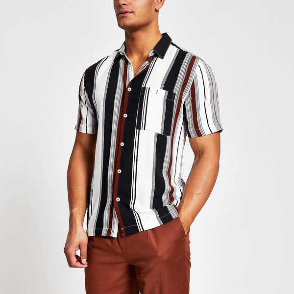 Brown Stripe Short Sleeve Slim Fit Shirt