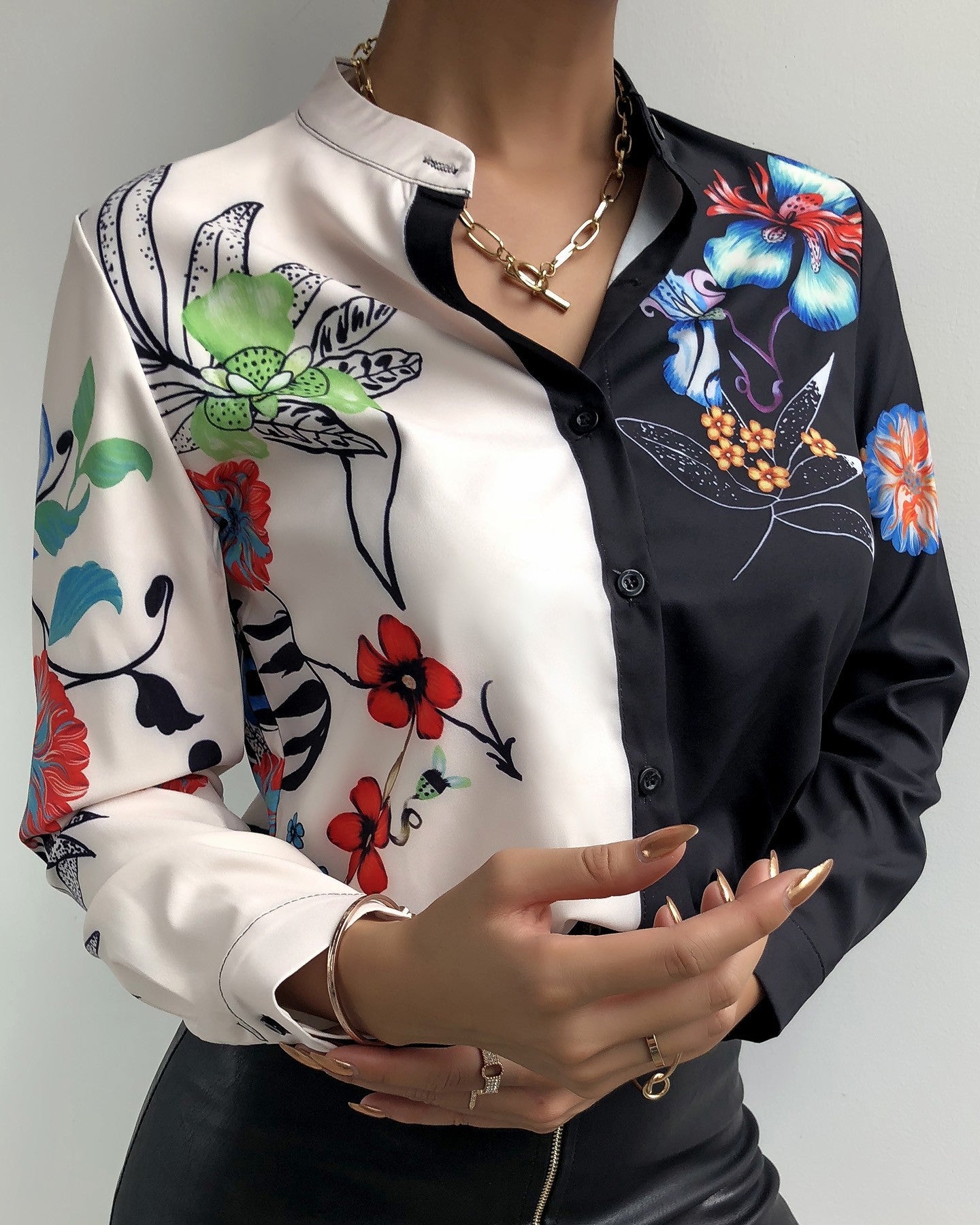 Colorblock Floral Print Casual Shirt