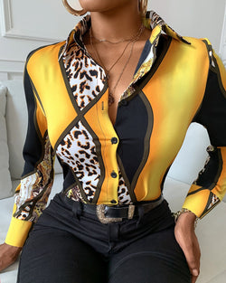 Cheetah Print Colorblock Buttoned Long Sleeve Shirt