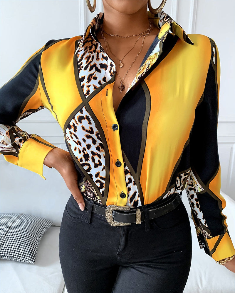 Cheetah Print Colorblock Buttoned Long Sleeve Shirt