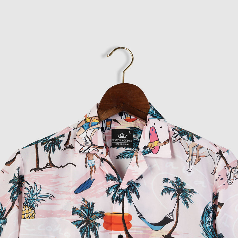 Hawaii Surf Beach Plam Tree Print With Beach-men Playing Surf Mens Printed Shirts