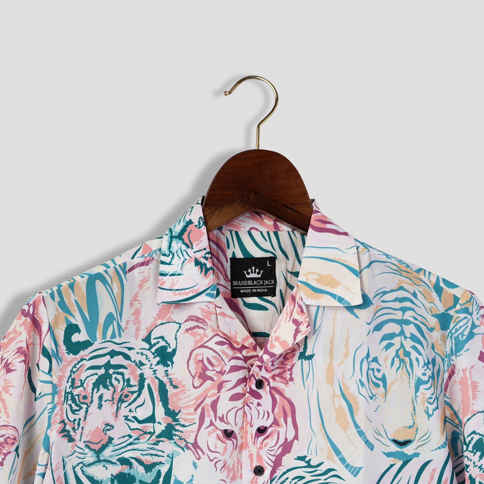 Wildlife Animal Tigers Print Pastel Color Cuban Mens Printed Shirt by Black Jack