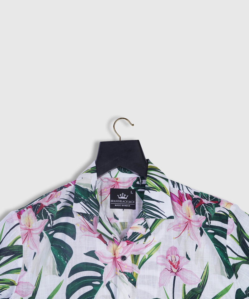 Pure Linen Pink Oleander Rhododendron Flowers and Plam Leaves in Summer Cuban Style Mens Shirt by Brand Black Jack