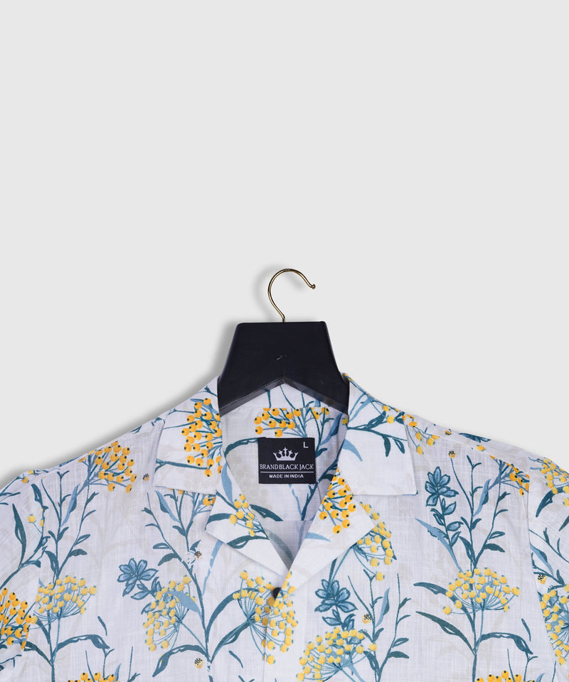 Pure Linen Autumn Pattern with Yellow Berries and Leaves Cuban Style Mens Shirt by Brand Black Jack