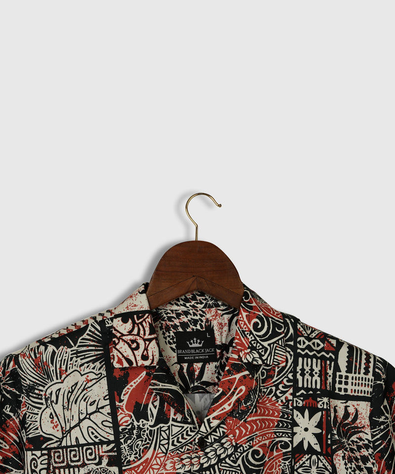 Hawaiian Hibiscus and Tribal Patchwork Abstract Vintage Printed Pure Cotton Mens Shirt by Black Jack